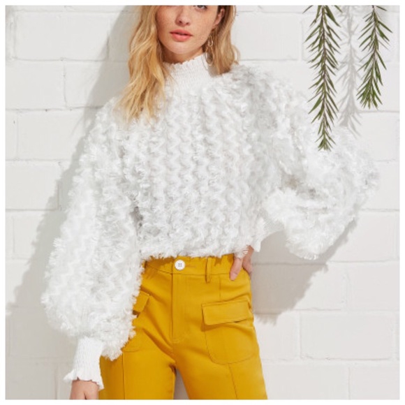 Eggshell White Feather Textured Mock Neck Top - Picture 2 of 6